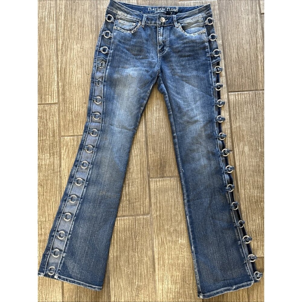Platinum Plush Open Leg Design Rhinestone Denim Boot Cut Jeans Size 9 (Fab!!)